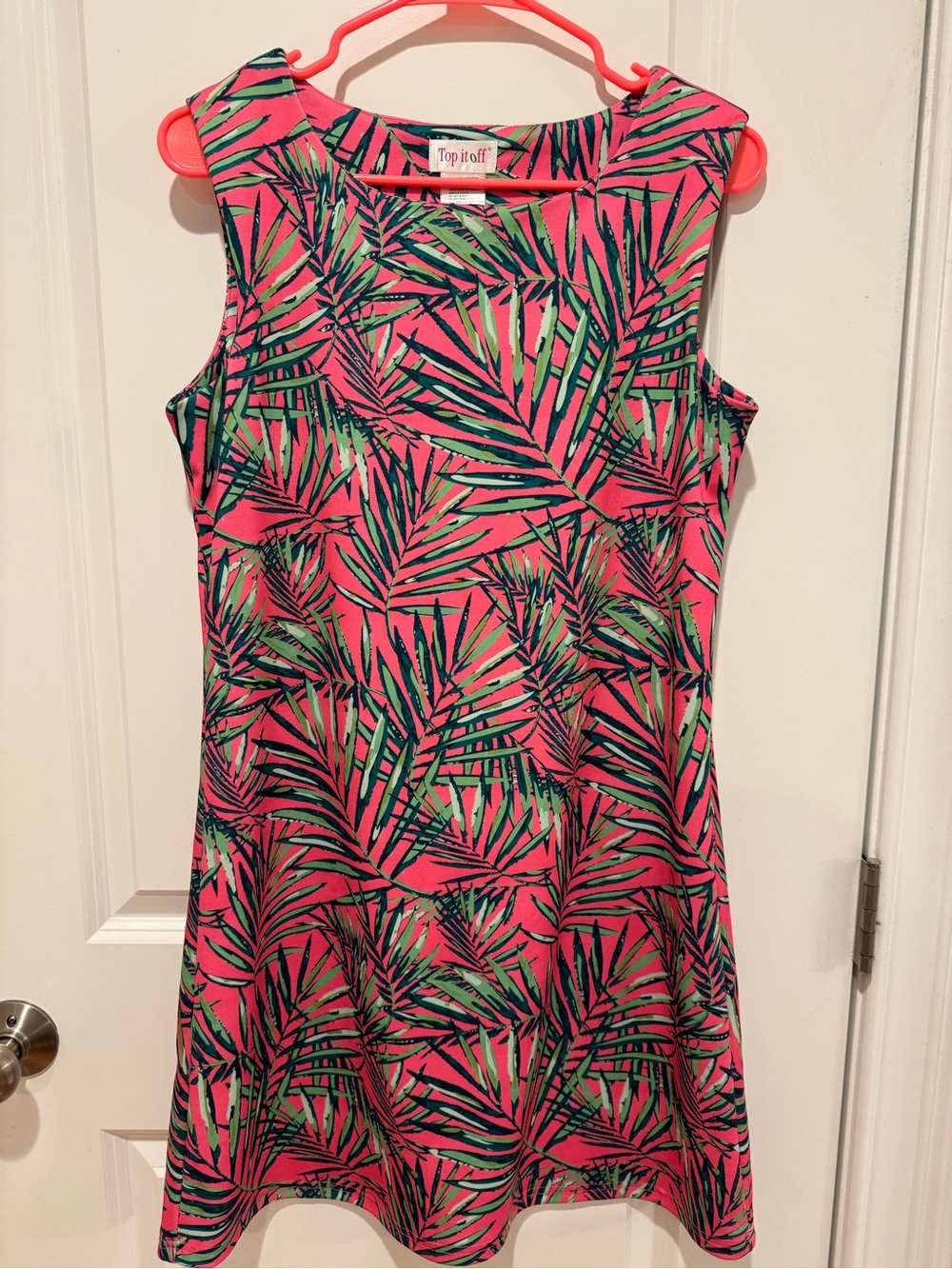 Top it Off- Pink Tropical Palm-Print Sleeveless Dress